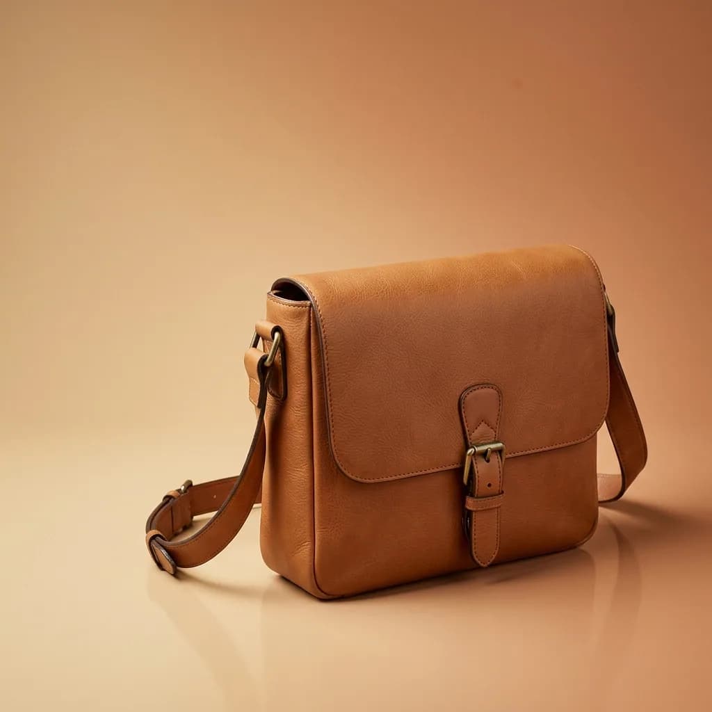 A promotional sales badge being placed on a leather bag product shot