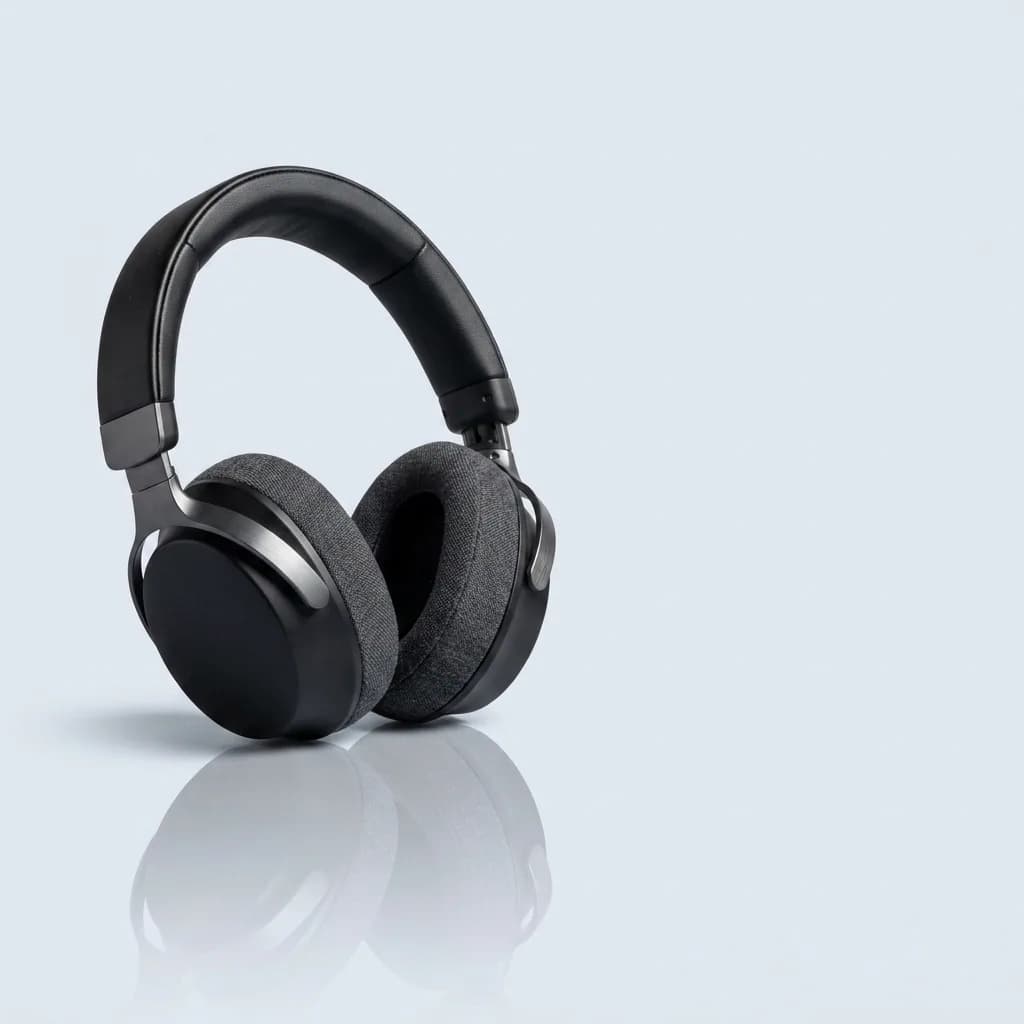The same headphones re-shot on a clean studio-grey backdrop