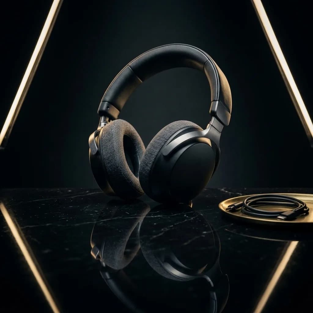 Finished commercial hero shot of the headphones on black marble with gold rim lighting