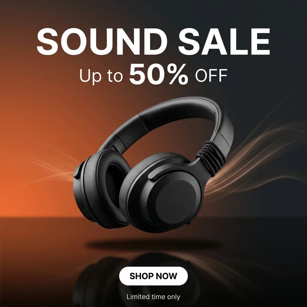 Headphones on a desk becoming a 'Sound Sale — Up to 50% OFF' ad