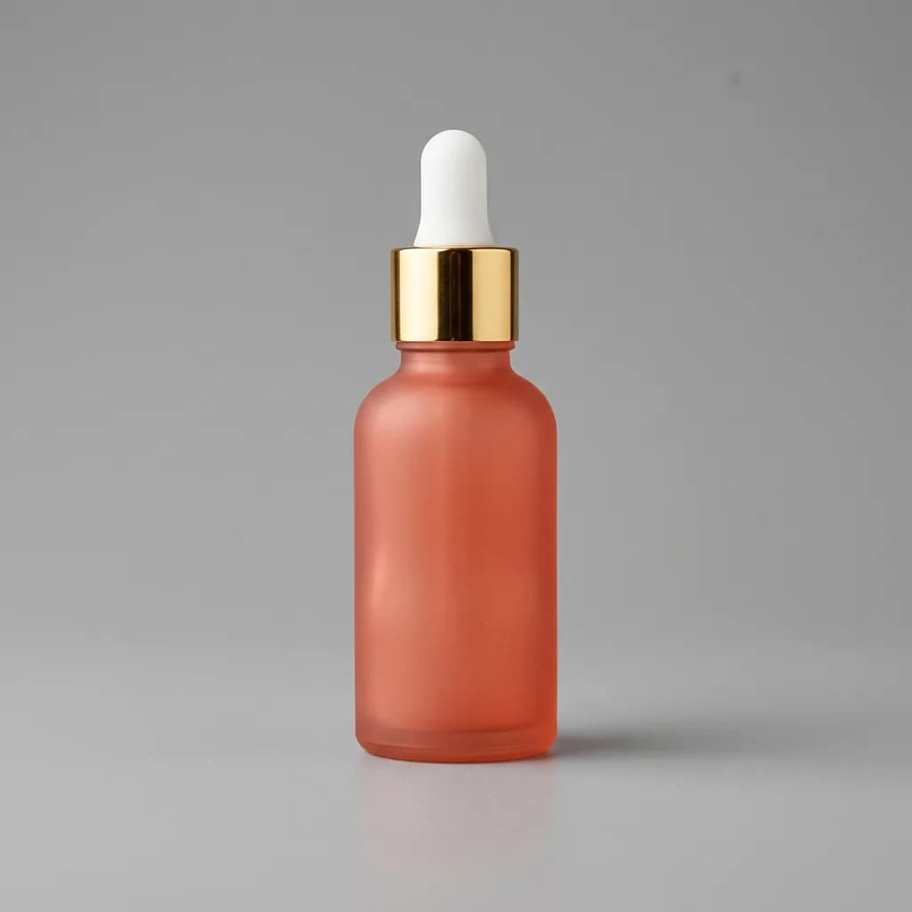 A plain coral glass dropper bottle packshot becoming a marble countertop scene in warm sunset light